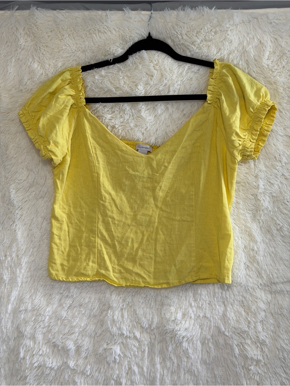 Revamped Womens Puff Sleeve Linen Top Size M Yellow Smocked Back Cottagecore